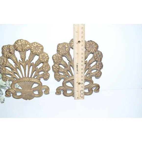 Vtg Art Nouveau Morning Glory Brass Wall Floral Ribbon French Style 2 pc pair Decor